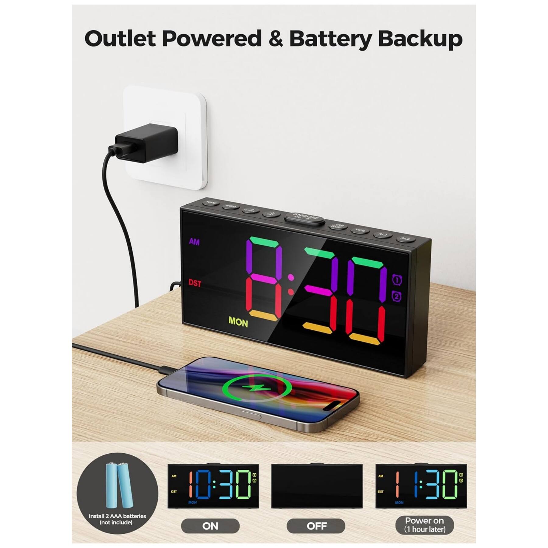 Outlet Powered & Battery Backup

- Install 2 AAA batteries (not included)
- 10:30 - ON
- 11:30 - OFF
- Power on (1 hour later)