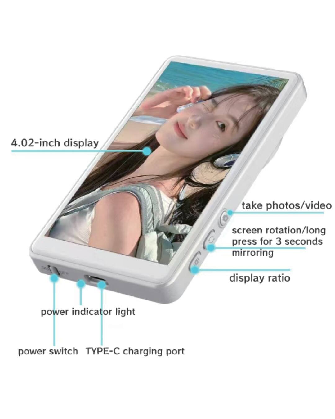 4.02-inch display  
take photos/video  
screen rotation/long press for 3 seconds mirroring  
display ratio  
power indicator light  
power switch  
TYPE-C charging port