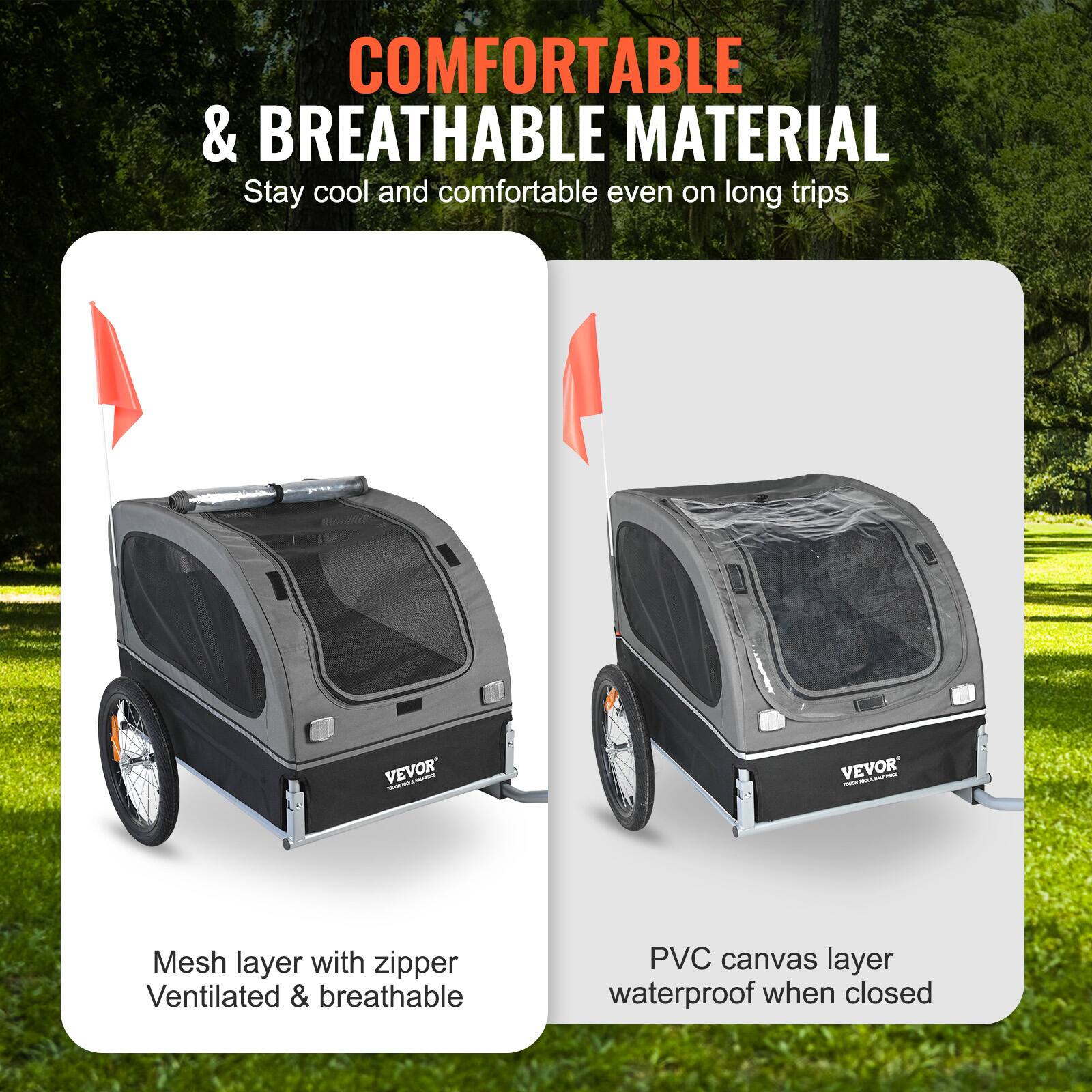 COMFORTABLE & BREATHABLE MATERIAL  
Stay cool and comfortable even on long trips  

Mesh layer with zipper  
Ventilated & breathable  

PVC canvas layer  
waterproof when closed