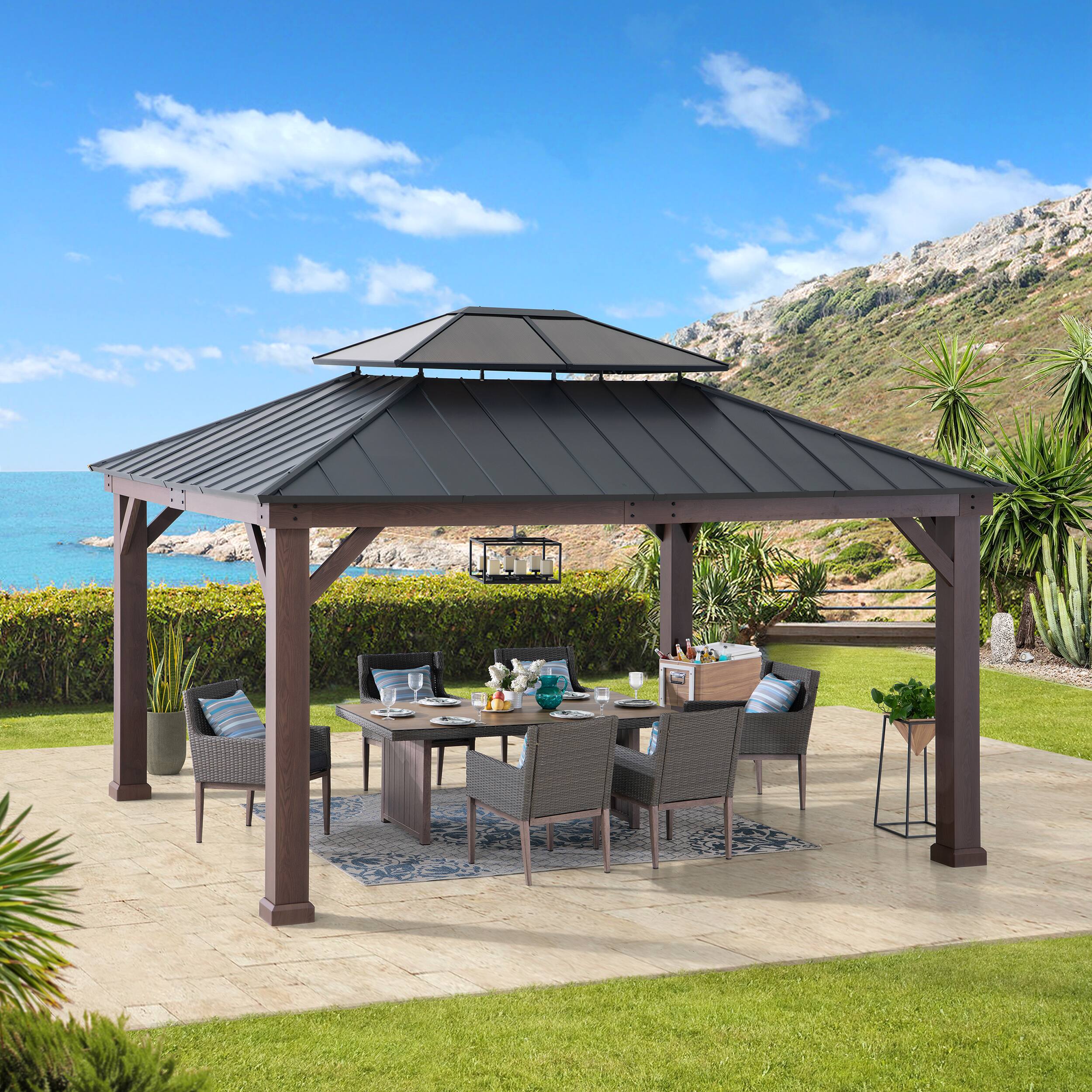 Angle. SUNJOY - Sunjoy 12.9 ft. x 14.9 ft. Fenwick Hardtop Gazebo - Natural wood.