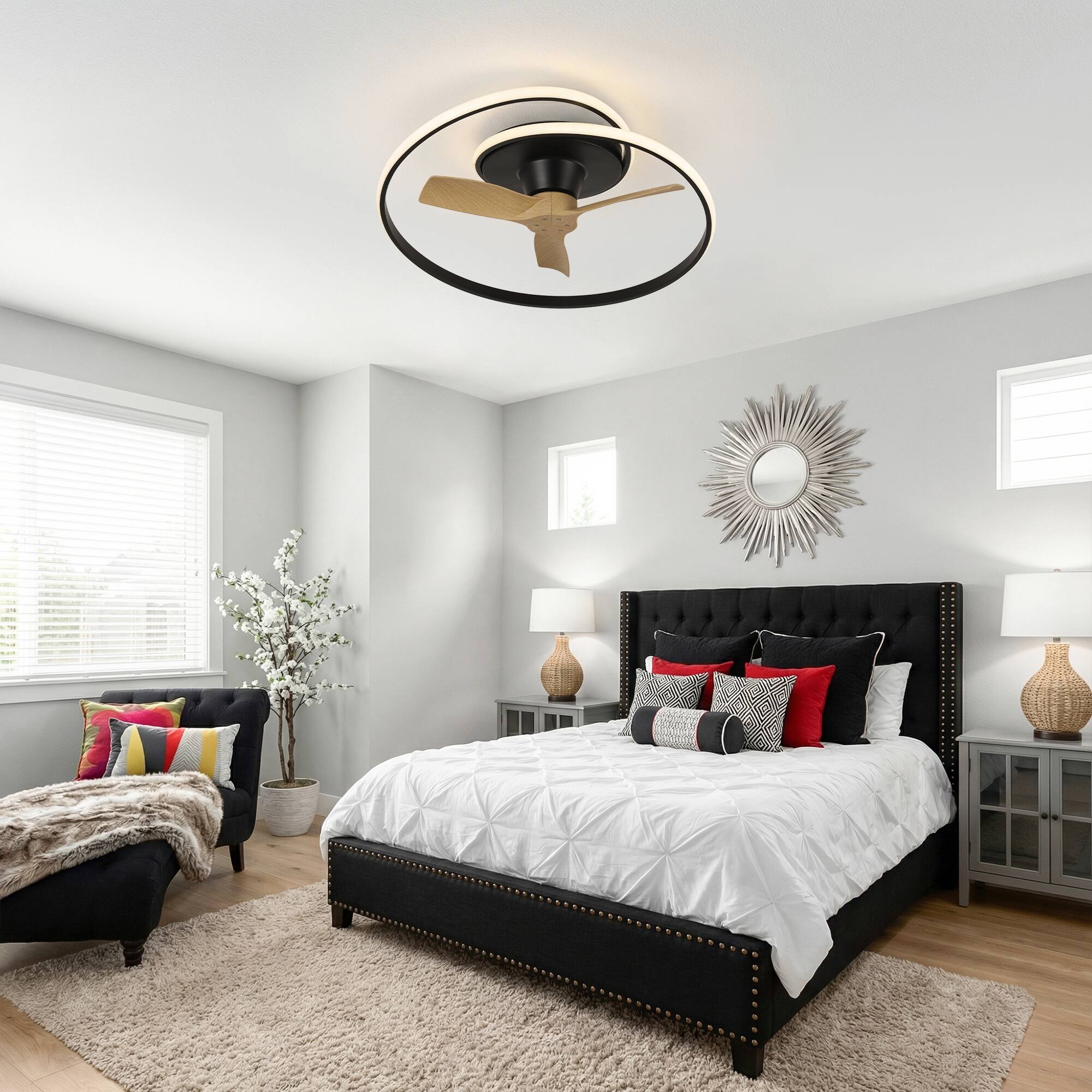 Back. Vaczon - 30" Modern LED Flush Mount Ceiling Fan with Light and Remote Control, Low-Profile Caged Ceiling Fan for Bedroom - Black.
