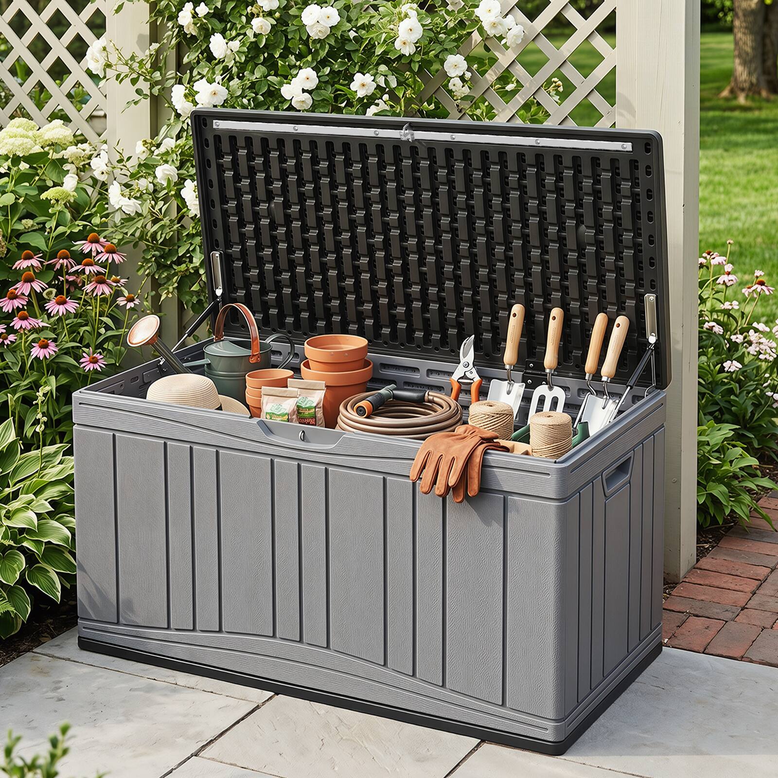 Alt View 3. Costway - Costway 80 Gallon Outdoor Deck Box with Gas Struts & Lock-Compatible Lid for Packages - Gray + Dark Gray.
