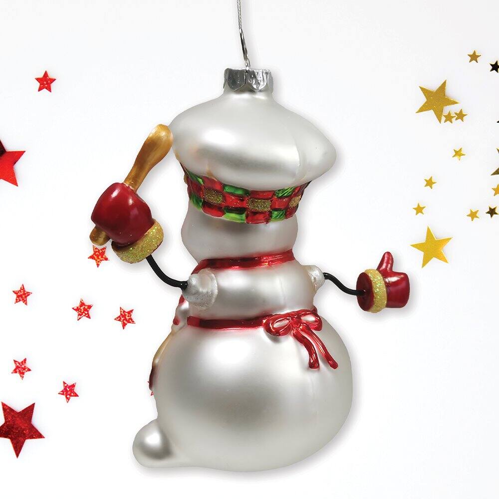 Back. OrnamentallyYou - Cheerful Holiday Snowman Chef Glass Christmas Ornament - Multi-colored.