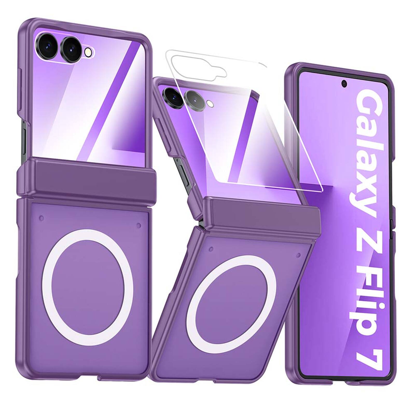 Dteck - for Samsung Galaxy Z Flip7 Matte Case with Built-in Screen Protector, Compatible with MagSafe, Full Hinge Protection - Purple