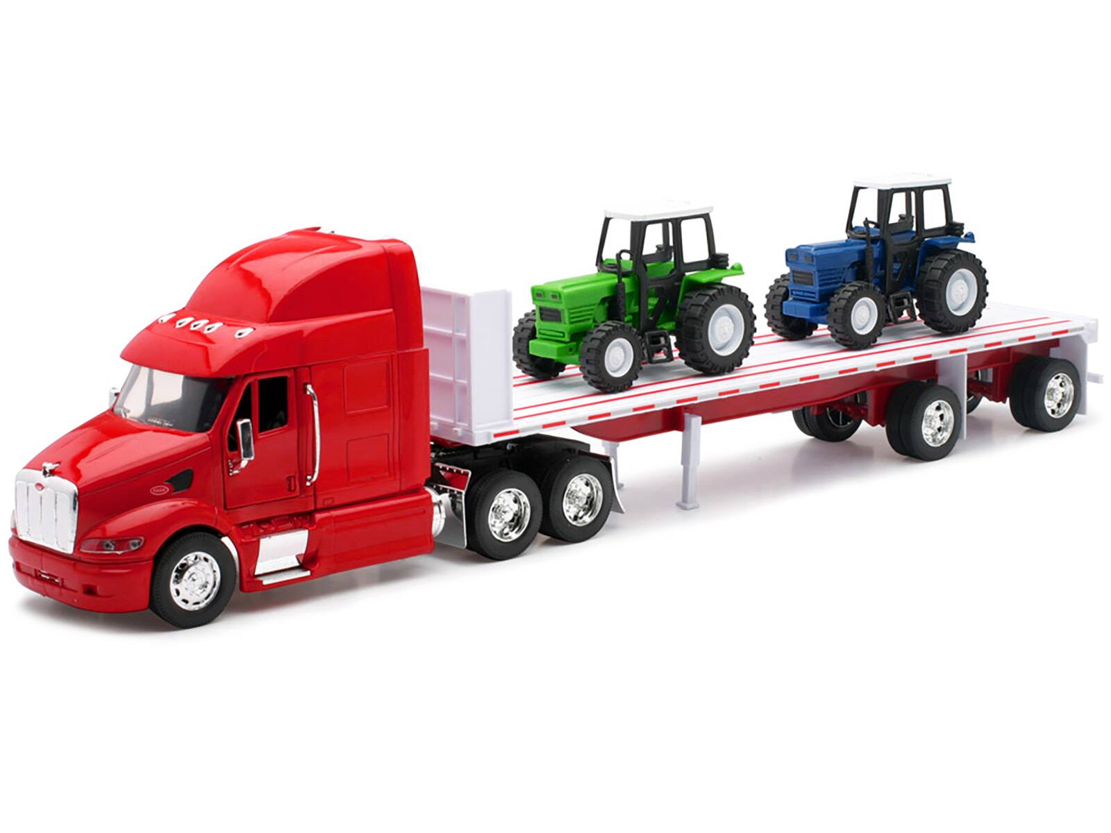 Alt View 1. New Ray - Peterbilt 387 Flatbed Truck Red with 2 Farm Tractors Blue and Green "Long Haul Trucker" Series 1/32 Model by New Ray.