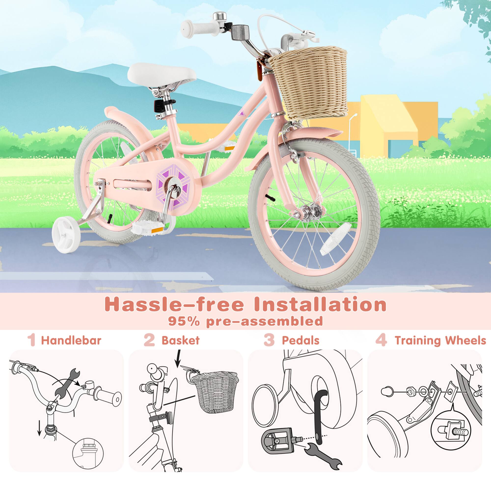 Hassle-free Installation  
95% pre-assembled  

1. Handlebar  
2. Basket  
3. Pedals  
4. Training Wheels