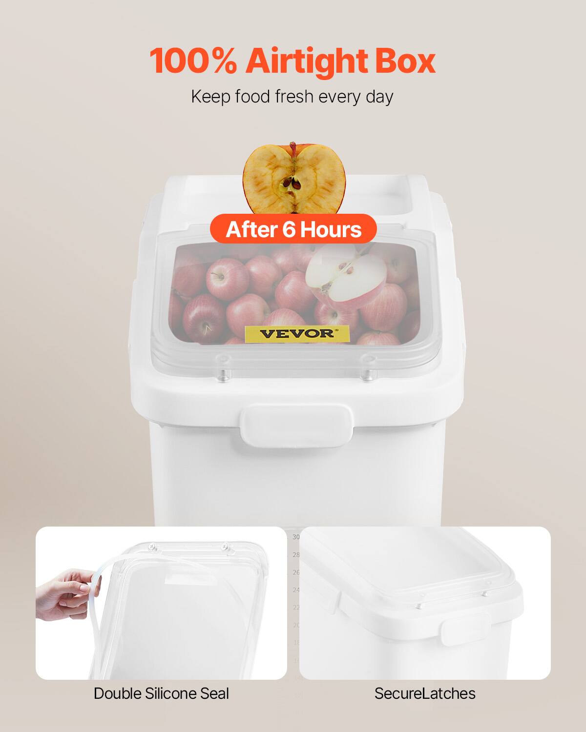 100% Airtight Box, Keep food fresh every day, After 6 Hours, VEVOR, Double Silicone Seal, SecureLatches