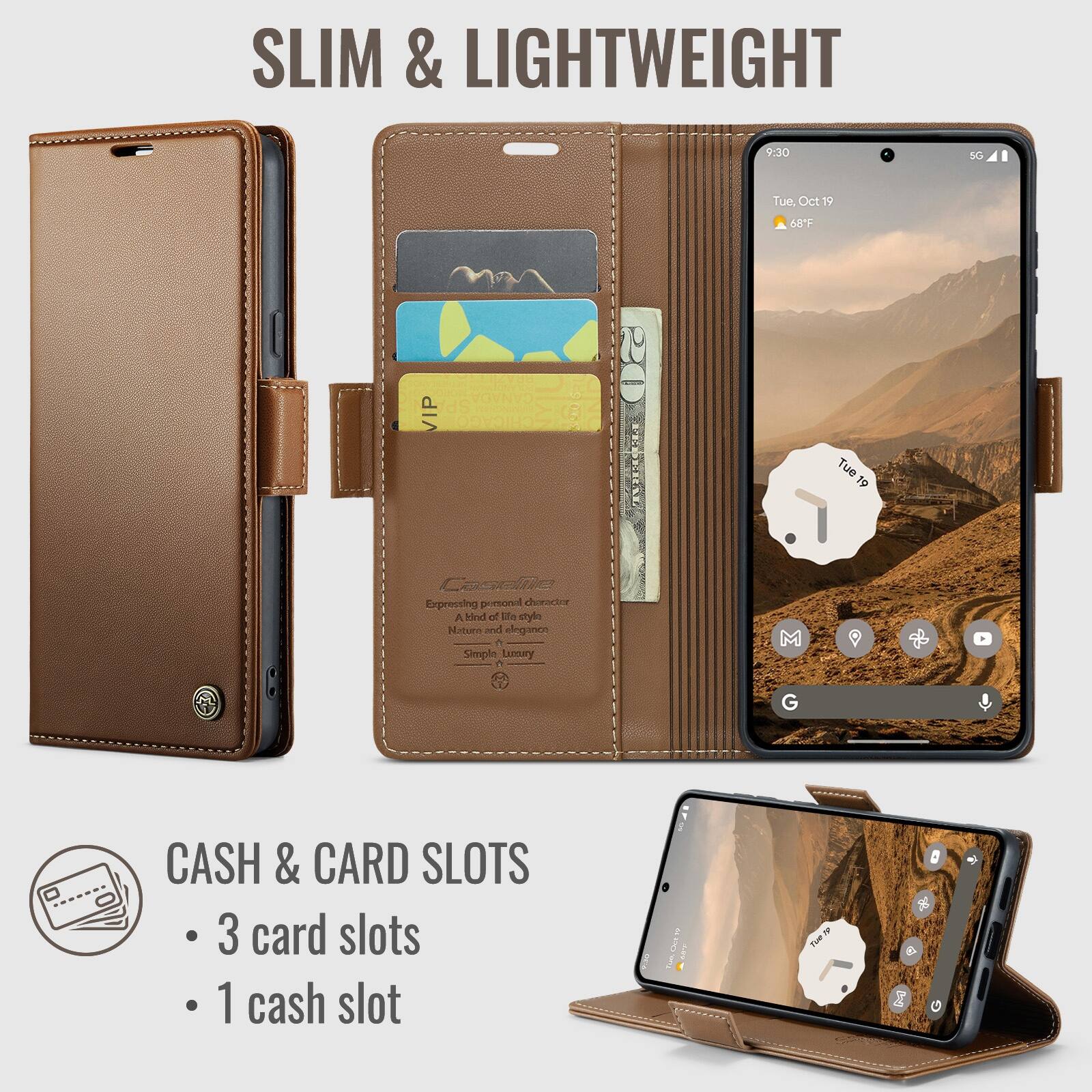 SLIM & LIGHTWEIGHT

9:30
5G
Tue, Oct 19
68°F

BRAZI VIP - CHICAGO
Tue 19

Casellie Expressing personal character A kind of life style Naturn and elegance Simple Lucary

CASH & CARD SLOTS
- 3 card slots
- 1 cash slot
