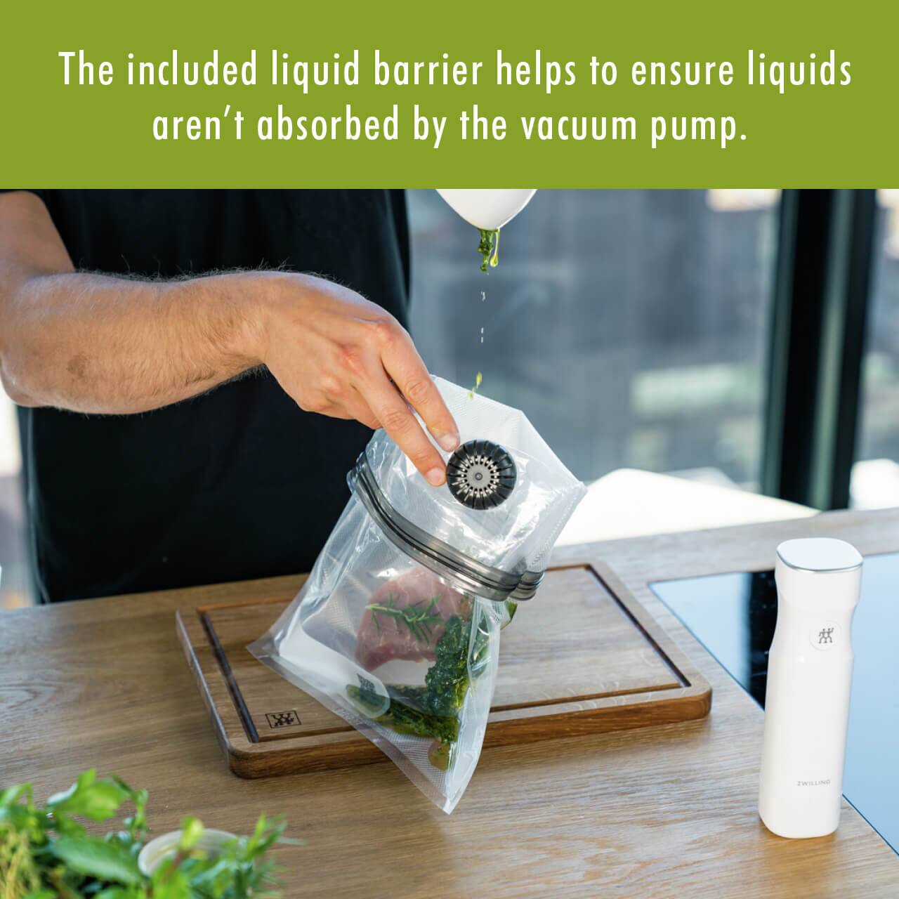 The included liquid barrier helps to ensure liquids aren't absorbed by the vacuum pump.