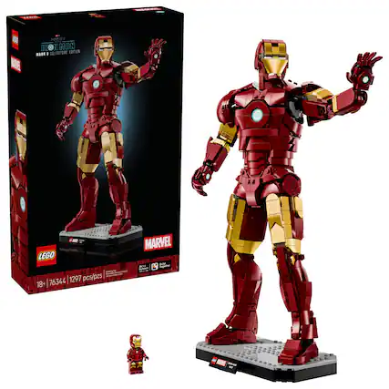 Sure, here is the corrected and grouped text from the image:
---
**LEGO**
**INFINITY**
**IRON MAN**
**MARK 3 COLLECTORS' EDITION**
**MARVEL**
**18+**
**76344**
**1297 pcs/pzs**
**Building Instructions**
**Building Guide**
**LEGO**
**MARVEL**
**18+**
**76344**
**1297 pcs/pzs**
---
