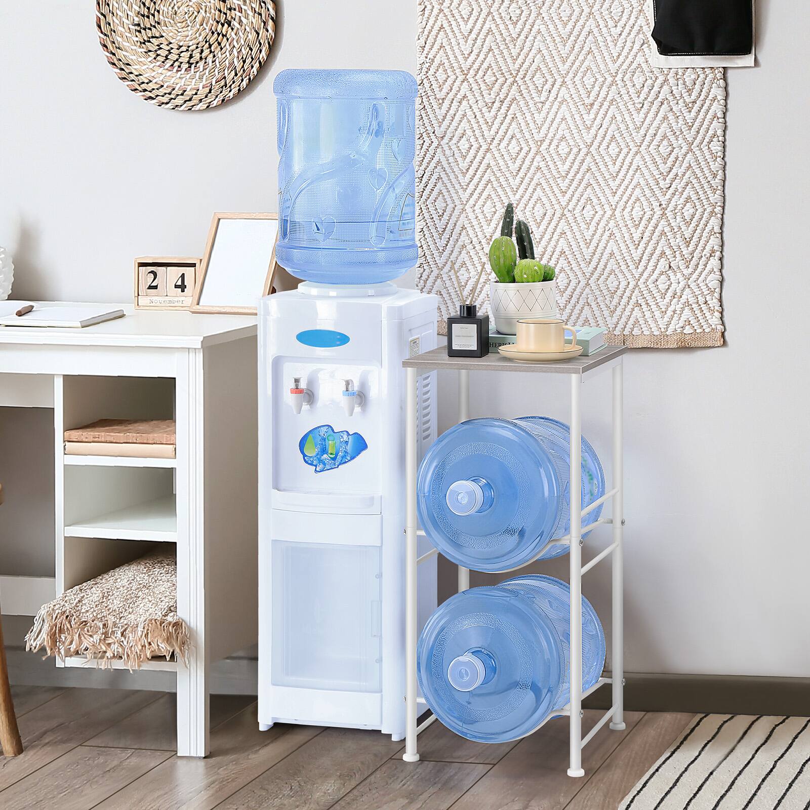 Alt View 2. Oumilen - 2-Tier Water Jug Rack with Detachable Top Shelf, White Metal Frame & Grey Oak Board - White.