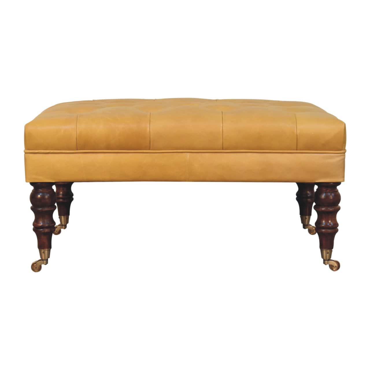 Artisan Furniture - Solid Wood Honey Caramel Buffalo Tan Leather Ottoman with Castor Legs, Upholstered, Yellow & Brown - Brown & Yellow