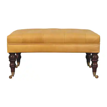 Front. Artisan Furniture - Artisan Furniture Solid Wood Honey Caramel Buffalo Tan Leather Ottoman with Castor Legs, Upholstered, Yellow & Brown - Brown & Yellow.