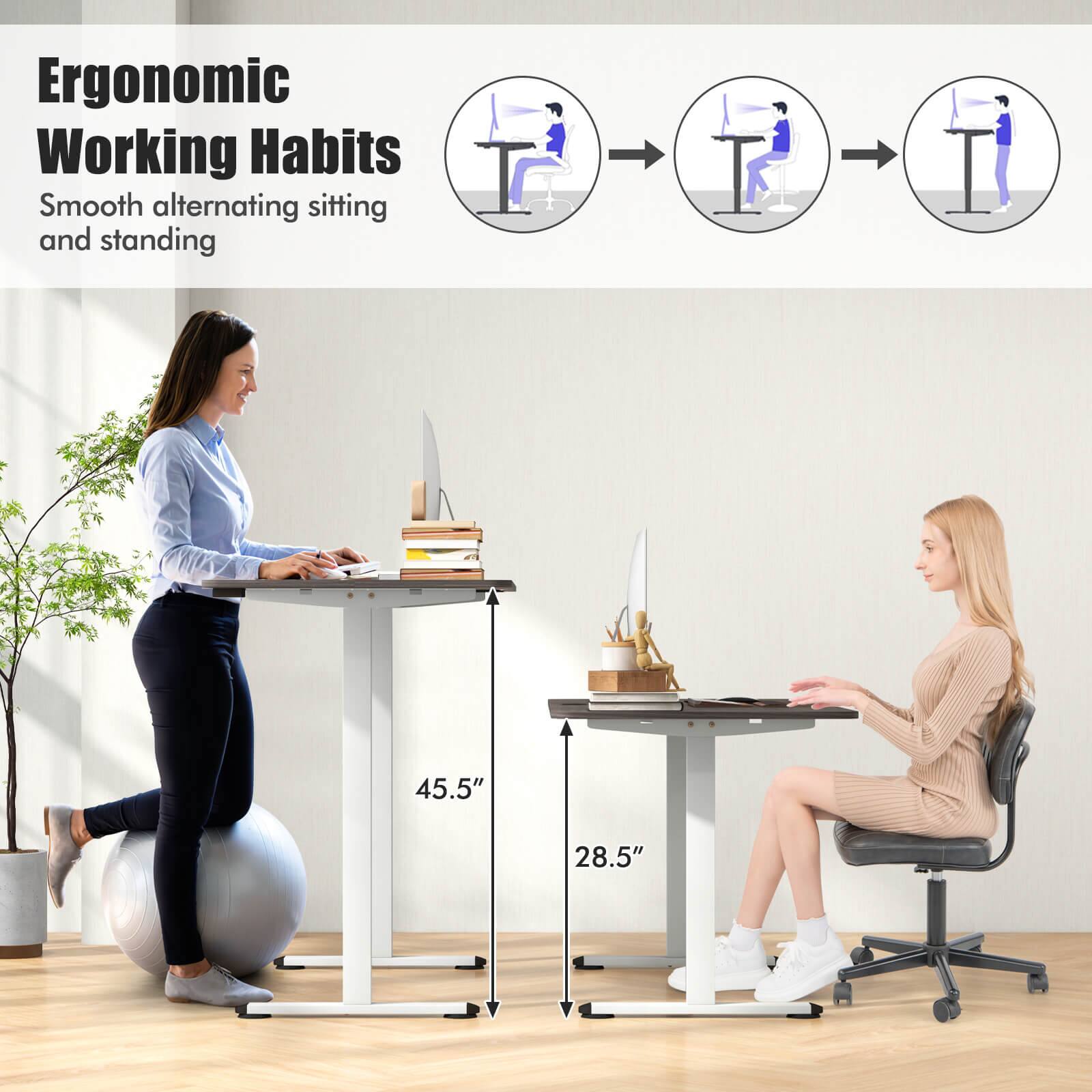 Ergonomic Working Habits: Smooth alternating sitting and standing at 45.5" and 28.5".