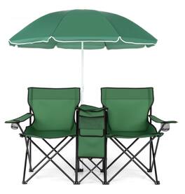 Costway - Portable Folding Picnic Double Chair with Umbrella Table Cooler Beach Camping - Green