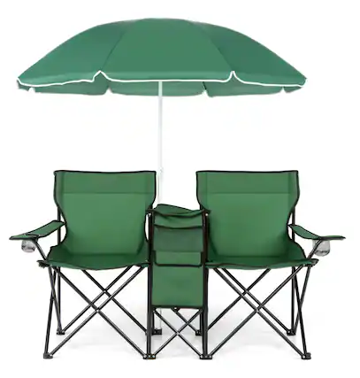 Front. Costway - Costway Portable Folding Picnic Double Chair with Umbrella Table Cooler Beach Camping - Green.