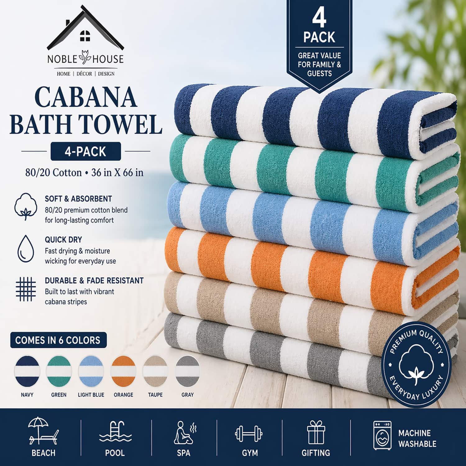 Plazatex Terry Cabana 80% Cotton 20% Polyester Oversized 4 Pack