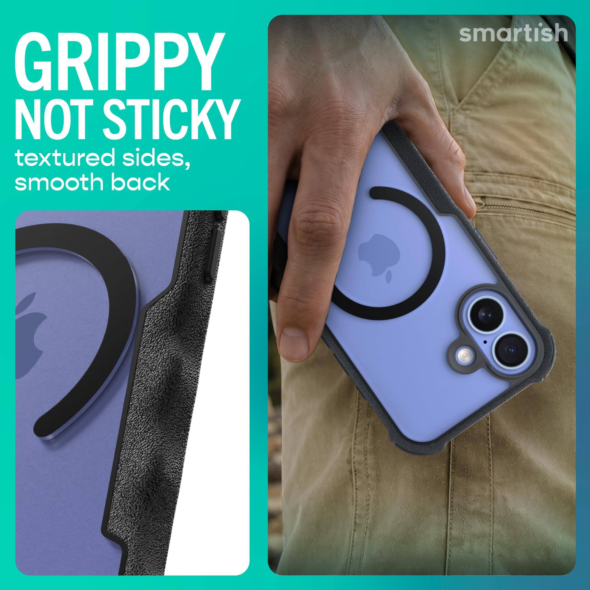 GRIPPY NOT STICKY  
textured sides, smooth back  
smartish