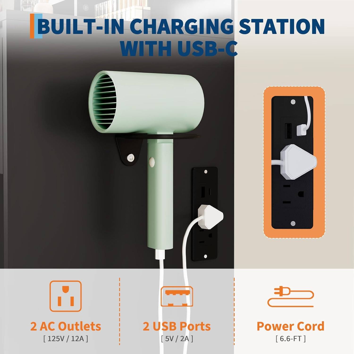 BUILT-IN CHARGING STATION WITH USB-C

- 2 AC Outlets [125V / 12A]
- 2 USB Ports [5V / 2A]
- Power Cord [6.6-FT]