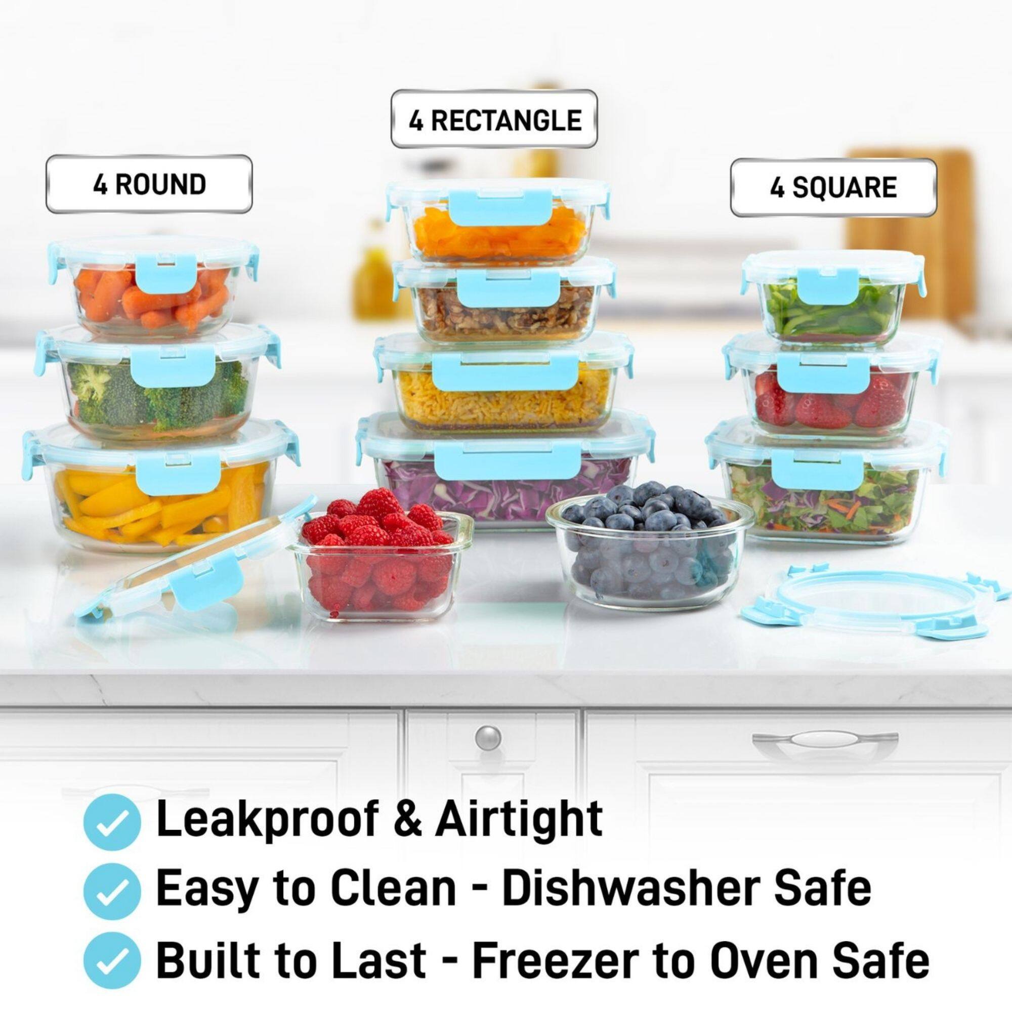 4 ROUND, 4 RECTANGLE, 4 SQUARE, Leakproof & Airtight, Easy to Clean - Dishwasher Safe, Built to Last - Freezer to Oven Safe