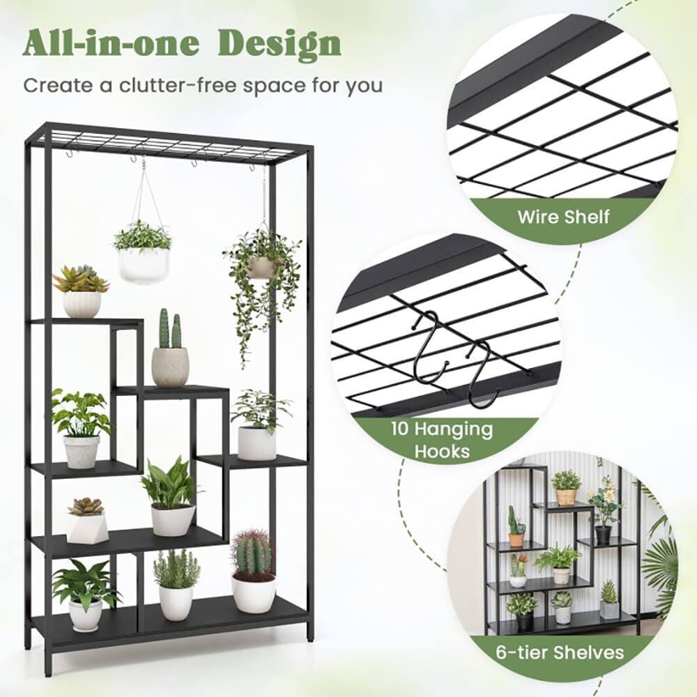 All-in-one Design  
Create a clutter-free space for you  

Wire Shelf  
10 Hanging Hooks  
6-tier Shelves