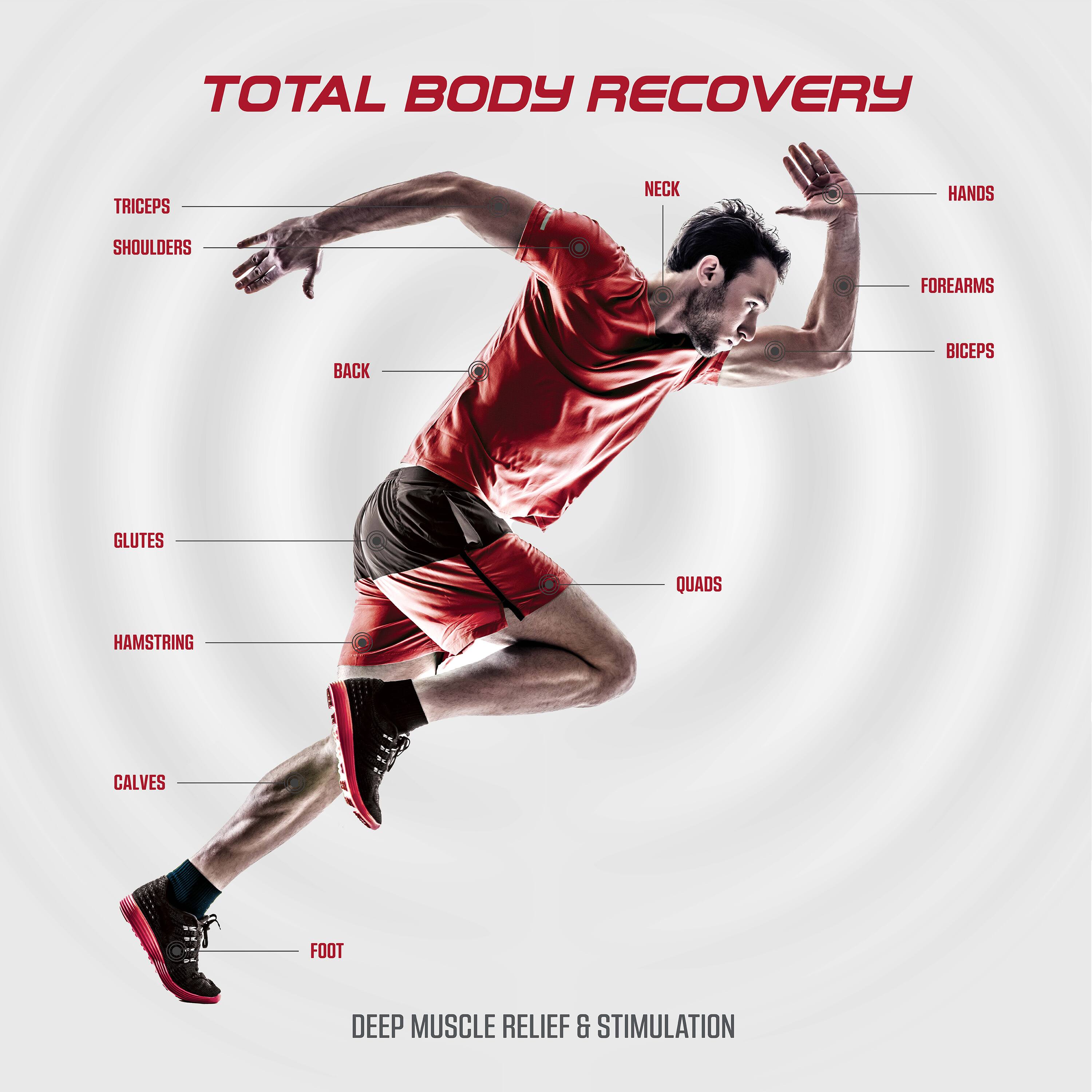 TOTAL BODY RECOVERY

TRICEPS  
SHOULDERS  
NECK  
HANDS  
FOREARMS  
BICEPS  
BACK  
QUADS  
GLUTES  
HAMSTRING  
CALVES  
FOOT  

DEEP MUSCLE RELIEF & STIMULATION