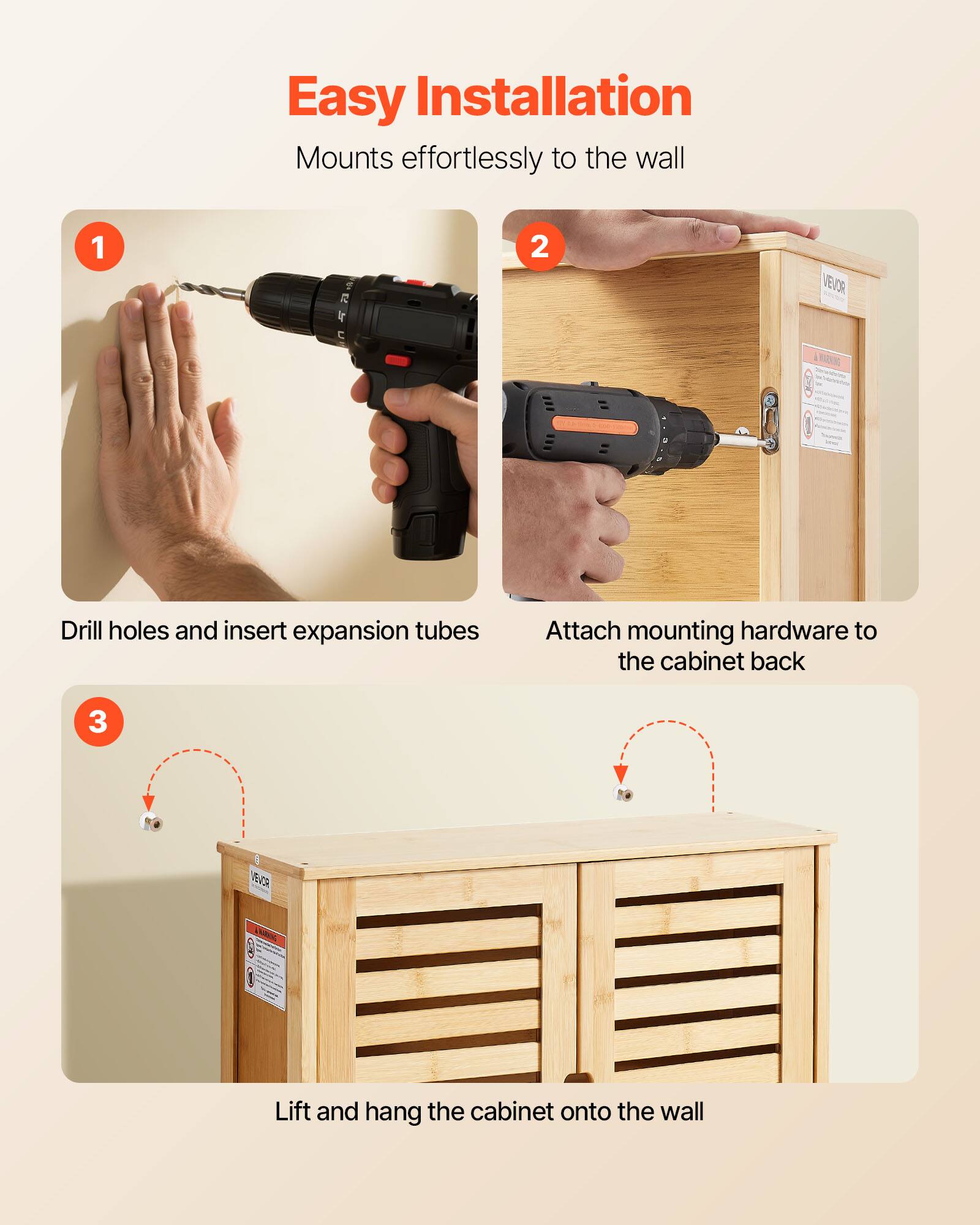 Easy Installation  
Mounts effortlessly to the wall

1. Drill holes and insert expansion tubes
2. Attach mounting hardware to the cabinet back
3. Lift and hang the cabinet onto the wall
