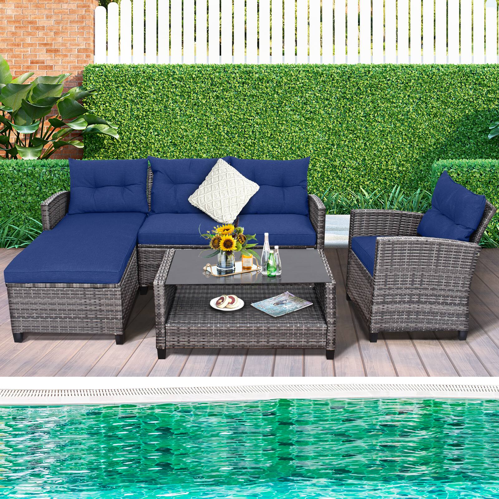 Alt View 3. Costway - Costway 4PCS Patio Rattan Furniture Set with Sofa Ottoman Cushion for Garden Deck - Mix Gray + Navy.
