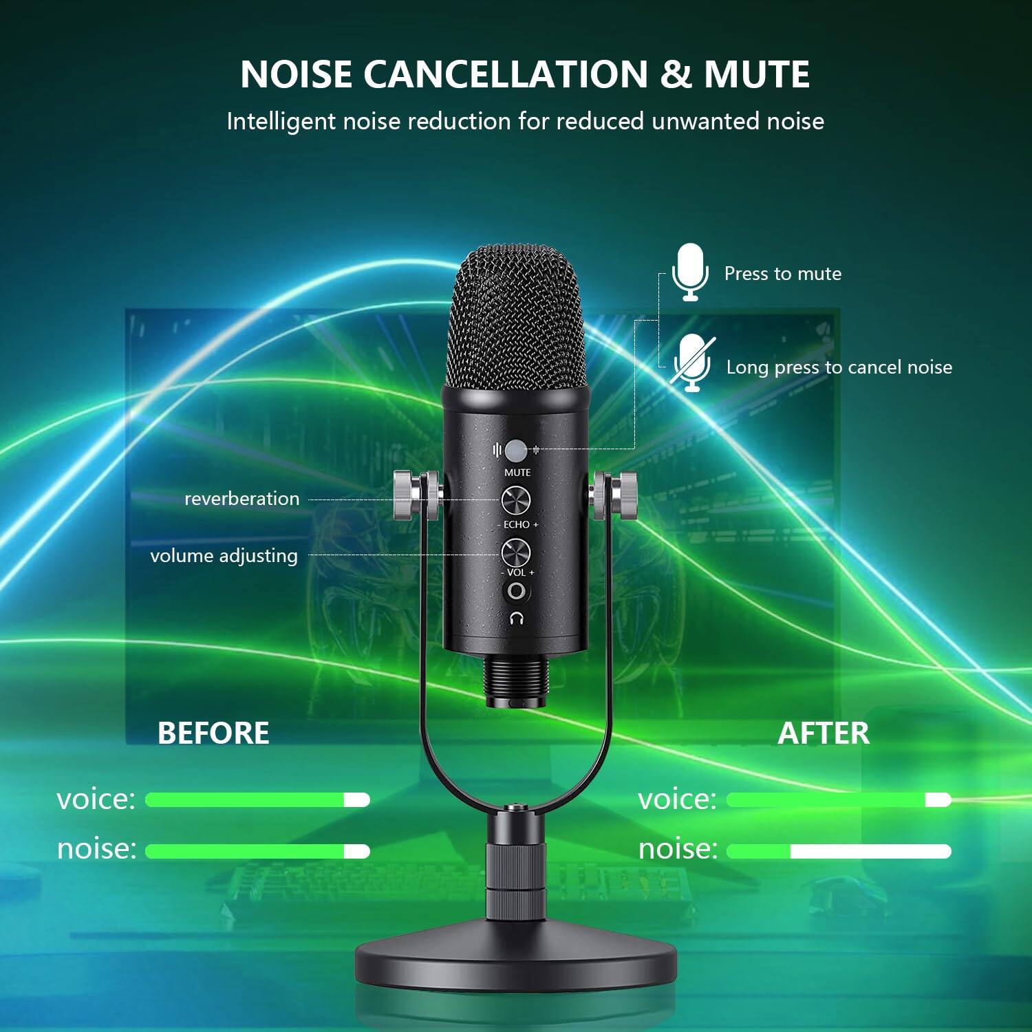 **NOISE CANCELLATION & MUTE**

Intelligent noise reduction for reduced unwanted noise

- Press to mute
- Long press to cancel noise

**BEFORE**

- voice:
- noise:

**AFTER**

- voice:
- noise:

**reverberation**
**volume adjusting**