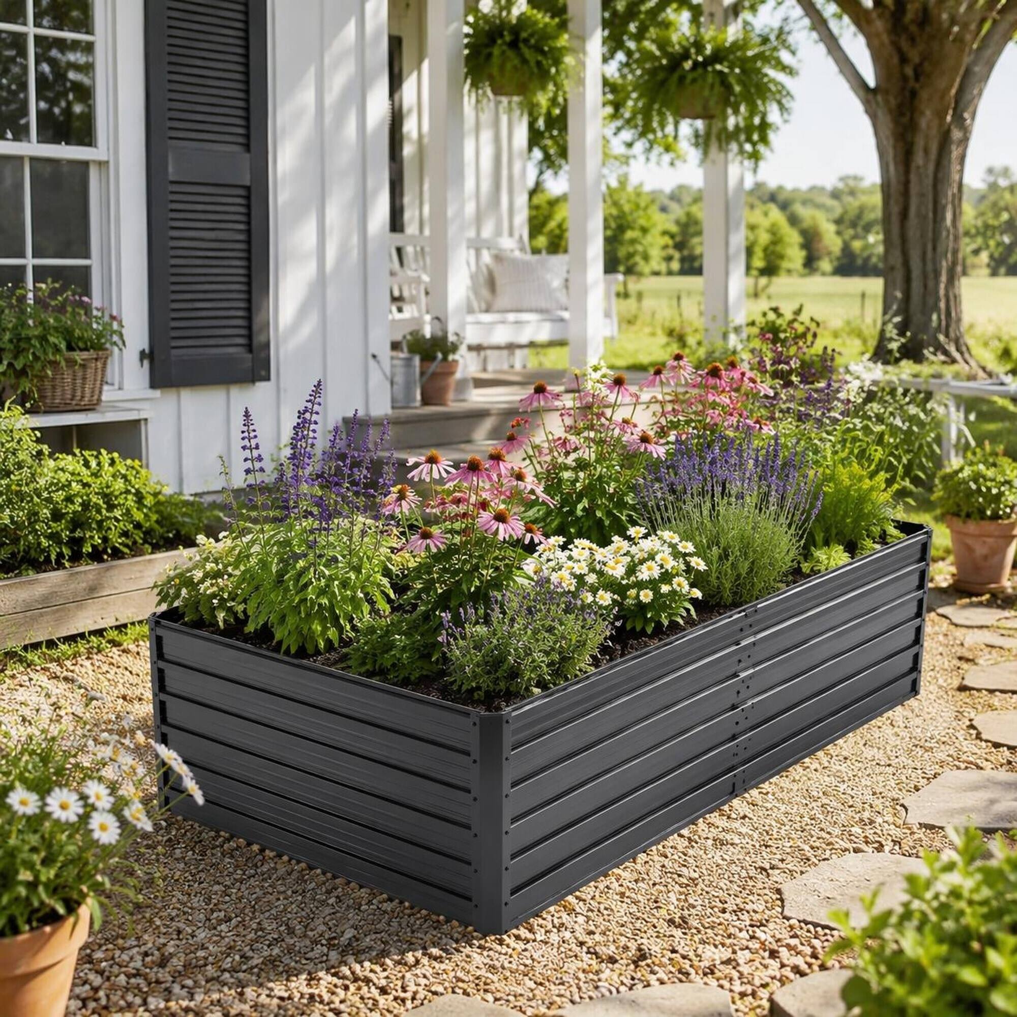 Angle. RYHNUYNE - Galvanized Steel Raised Garden Bed 7.2x3.6x2 FT Black Metal Planter Box for Outdoor Vegetable Herb and Flower - Black.