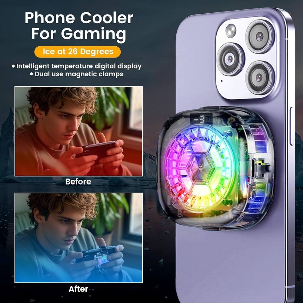Phone Cooler For Gaming  
Ice at 26 Degrees  

- Intelligent temperature digital display  
- Dual use magnetic clamps  

Before  
After