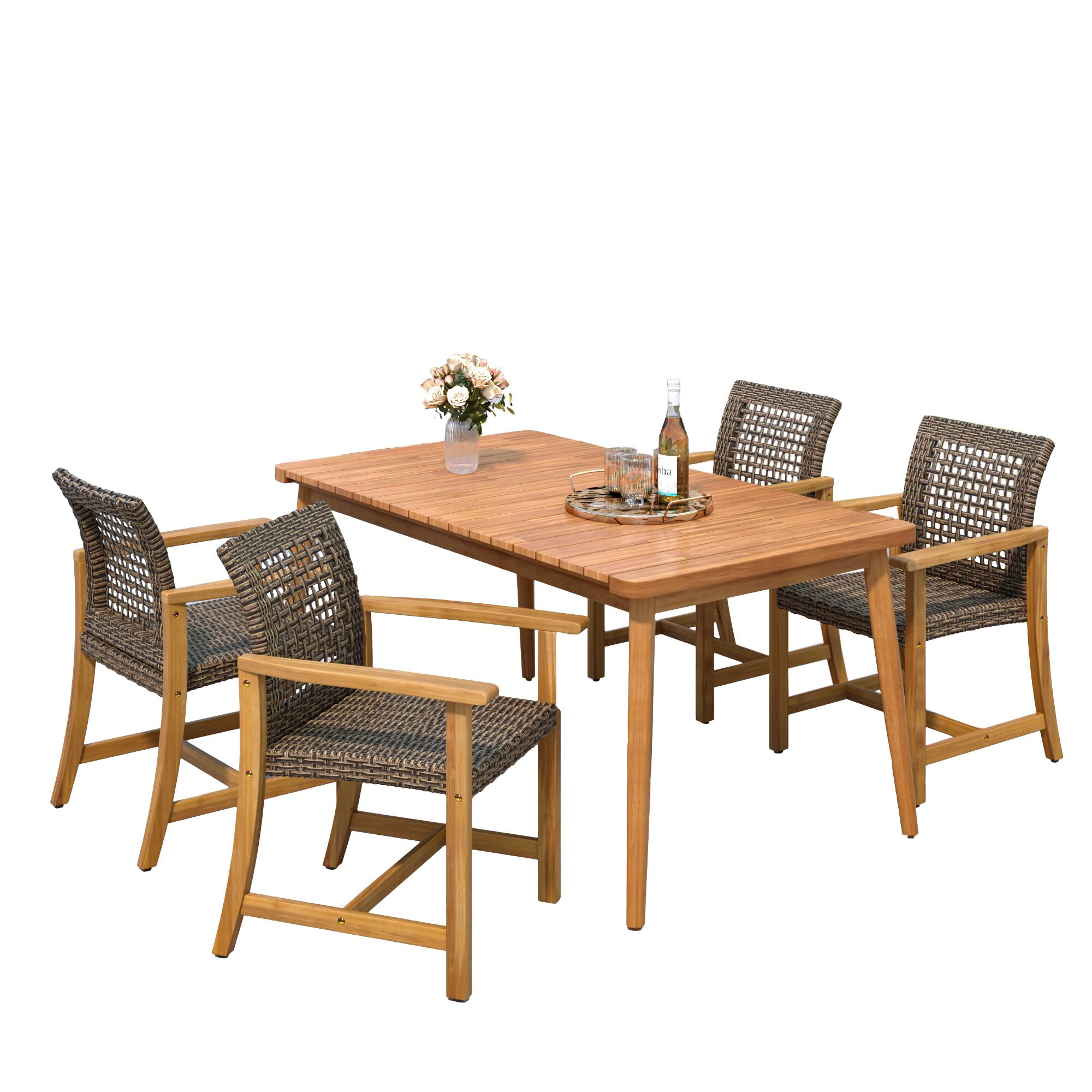 Back. Mondawe - 5-Piece Patio Dining Set, 63" Slatted Table & 4 Acacia Wood & PE Rattan Chairs - Brown+Teak.
