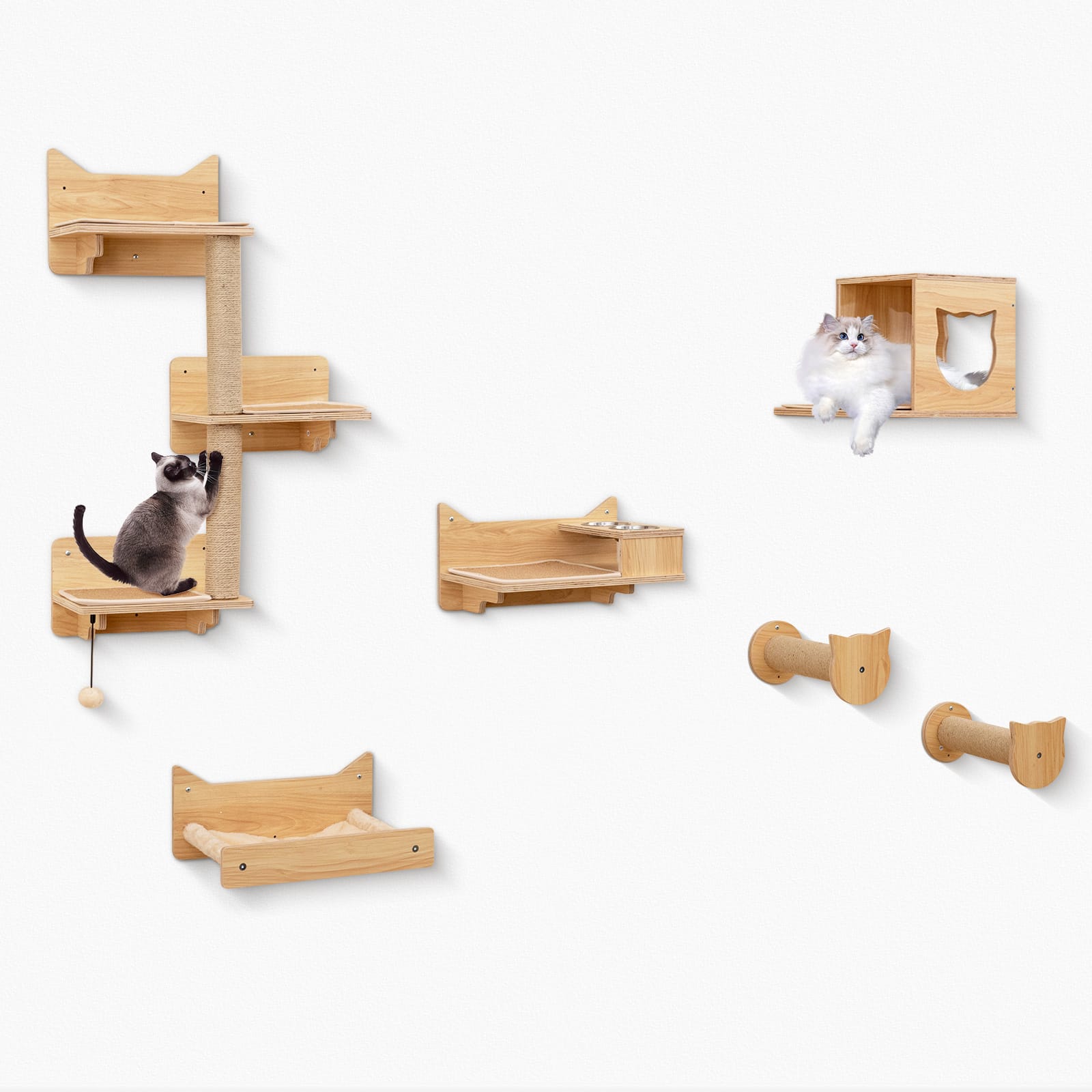 Gymax - 6PCS Wall-Mounted Cat Activity Center w/3-Tier Cat Tower Hammock 2 Bowls Indoor