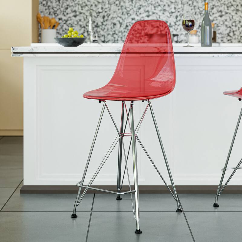 Left. LeisureMod - Cresco Modern Acrylic Barstool, Clear Swivel Counter Height Stool with Chrome Base Footrest - Transparent Red.