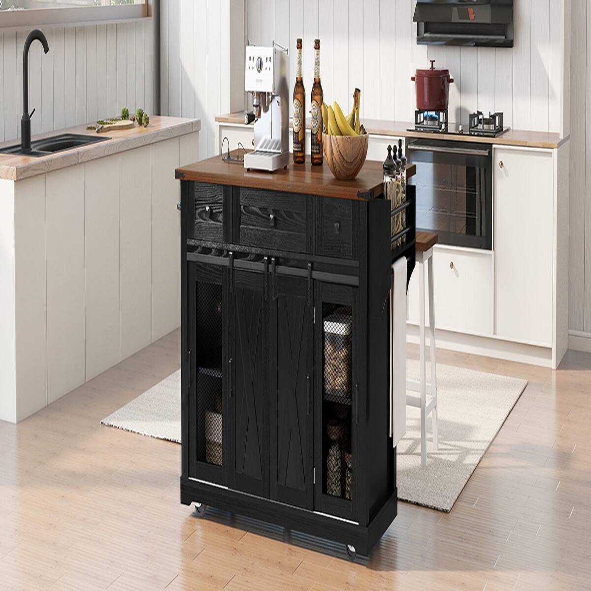 Alt View 1. Loheer - Loheer Farmhouse Kitchen Island with Drop Leaf and Sliding Barn Door, Rolling Kitchen Cart with Power Outlet, Black - Black.