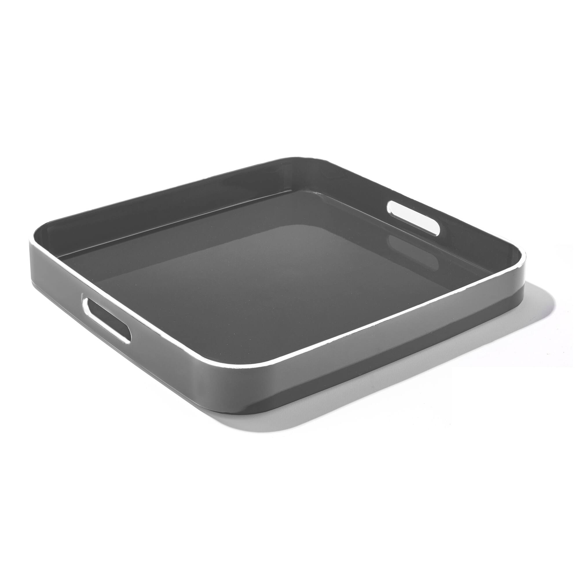 Angle. Jay Import - Gray Square Tray Set with White Rim, 2 Pieces - Gray.