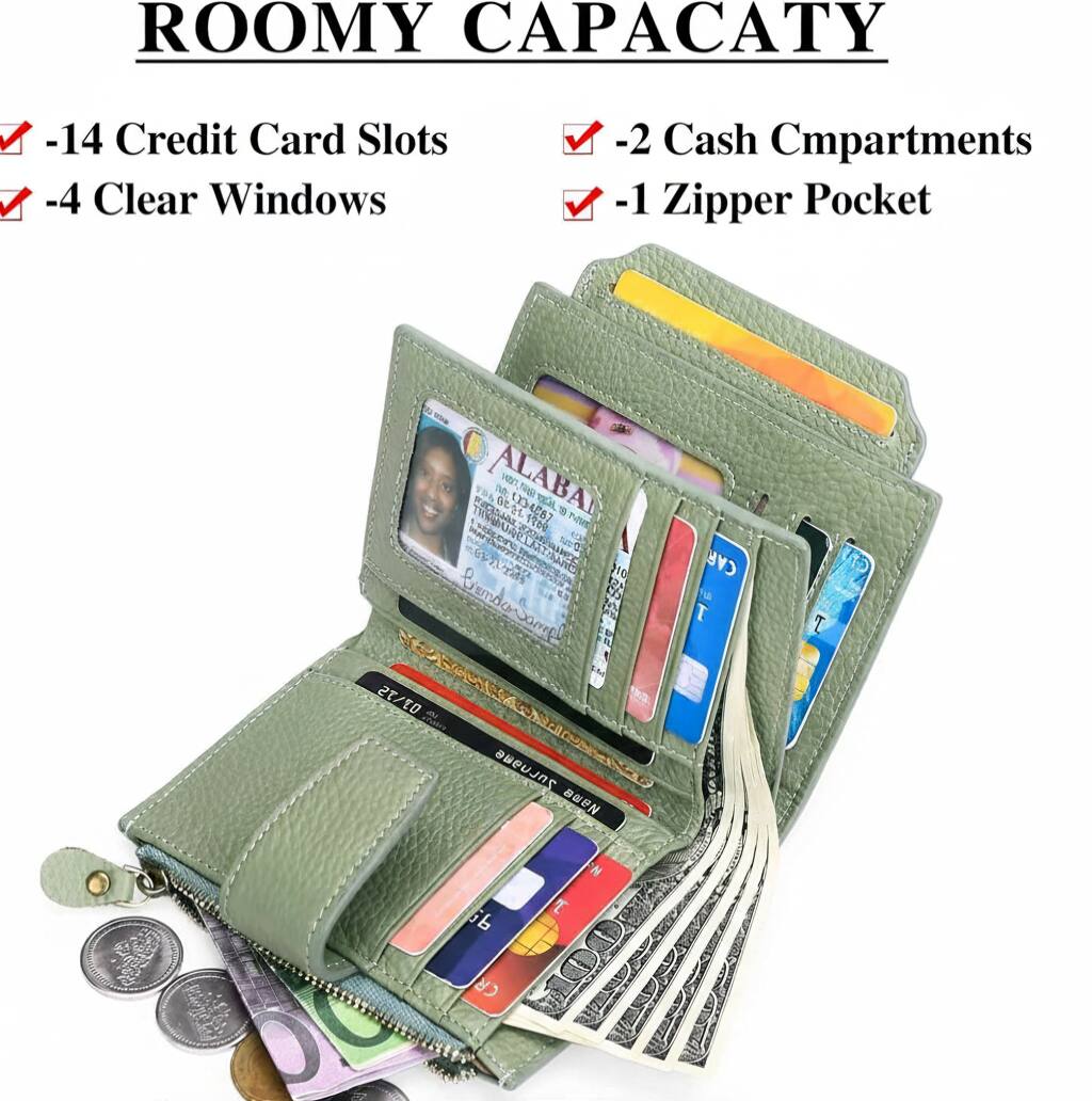ROOMY CAPACITY  
-14 Credit Card Slots  
-4 Clear Windows  
-2 Cash Compartments  
-1 Zipper Pocket  

ALABA ART  
TDA nE NYA nG GE D  
ACB7 1 1o NR LSOA RDDRME  
NU 5  
JTRANE 11G  
Luda UN c Igmnoc  
20/10 a Surname Name  
CAR T T T 6 T N CR