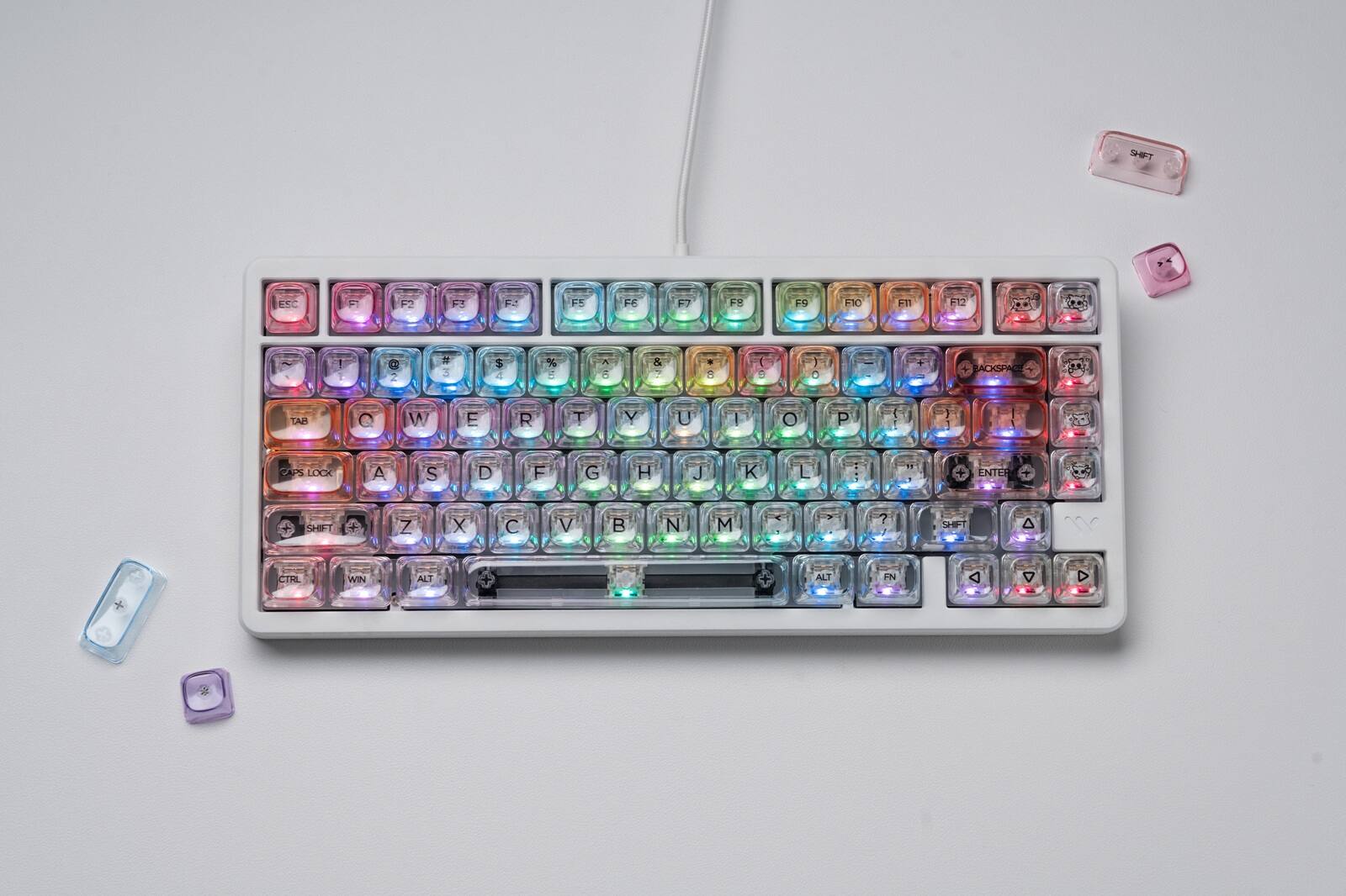 Sure, here is the corrected and grouped text:

- ESC F1 F2 F3 F4 F5 F6 F7 F8 F9 F10 F11 F12
- 1 2 3 4 5 6 7 8 9 0 - = BACKSPACE
- TAB Q W E R T Y U I O P [ ] \
- CAPS LOCK A S D F G H J K L ; ' ENTER
- SHIFT Z X C V B N M , . / SHIFT
- CTRL WIN ALT ALT FN