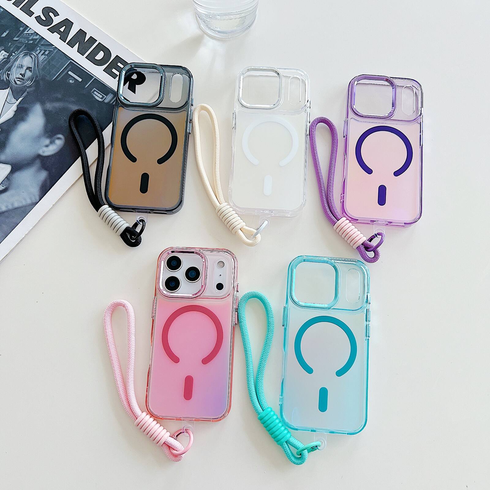 Alt View 3. Dteck - Glossy Iridescent Shockproof Phone Case for Apple iPhone 17 Pro, Magnetic Protective Cover with Detachable Wrist Strap - Pink.