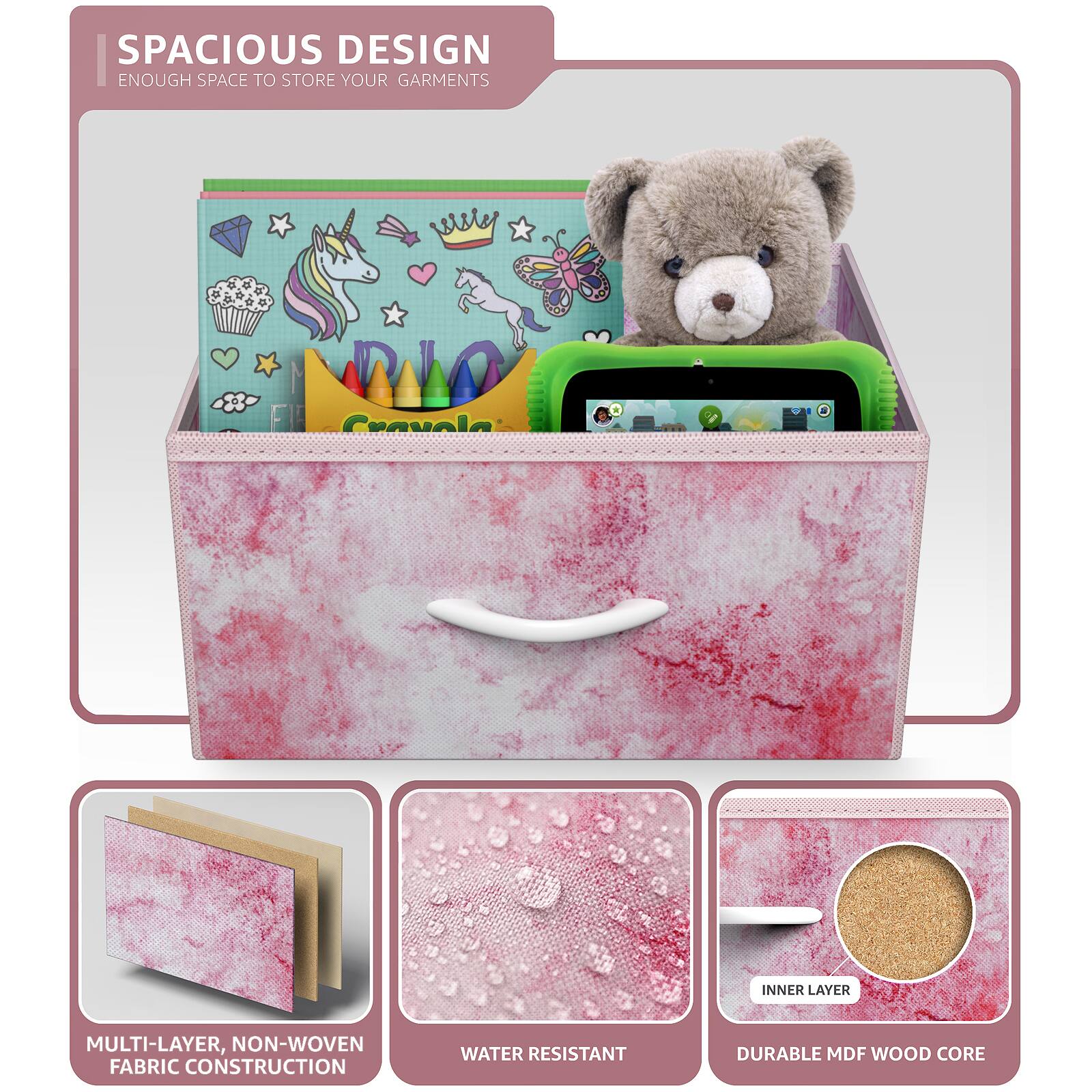 SPACIOUS DESIGN  
ENOUGH SPACE TO STORE YOUR GARMENTS  

MULTI-LAYER, NON-WOVEN FABRIC CONSTRUCTION  
WATER RESISTANT  
DURABLE MDF WOOD CORE