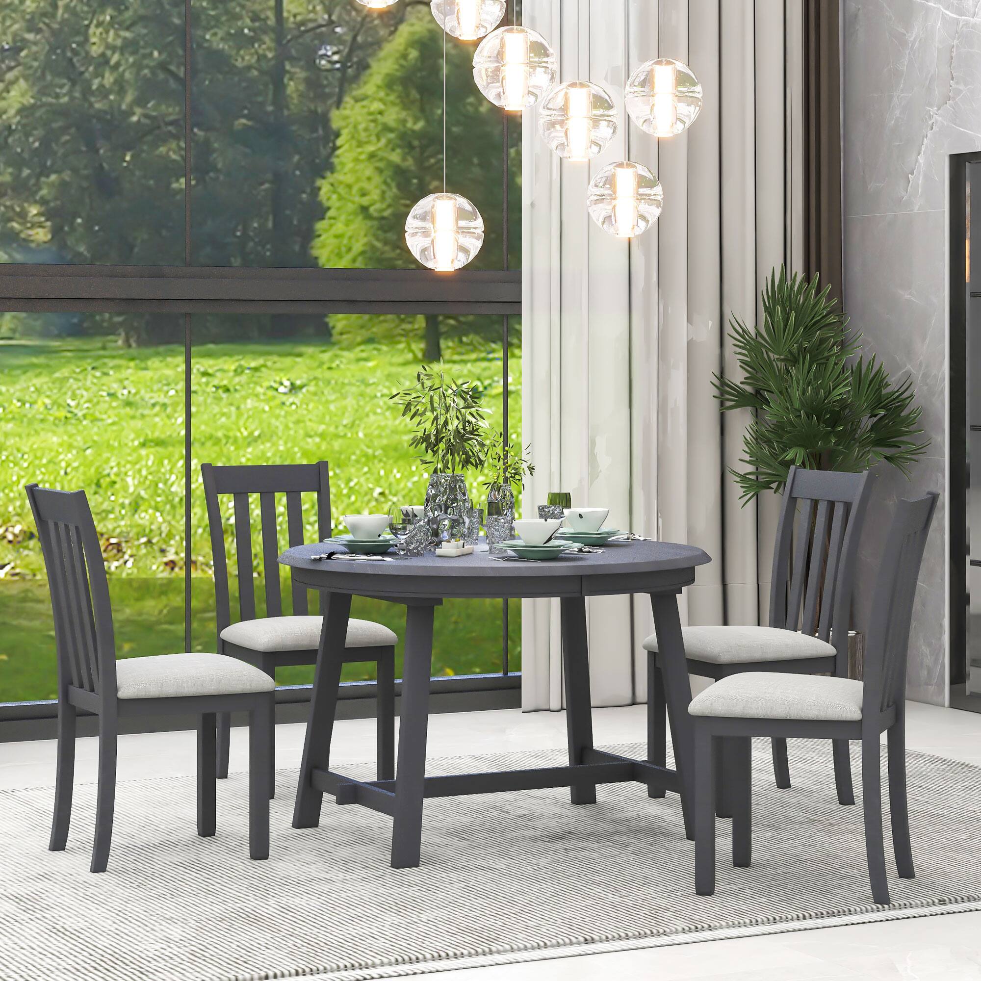 Alt View 2. TinyHomie - 5-Piece Wood Dining Table Set Round Extendable Dining Table with 4 Dining Chairs Dining Room Table Set for 4 person - Gray.
