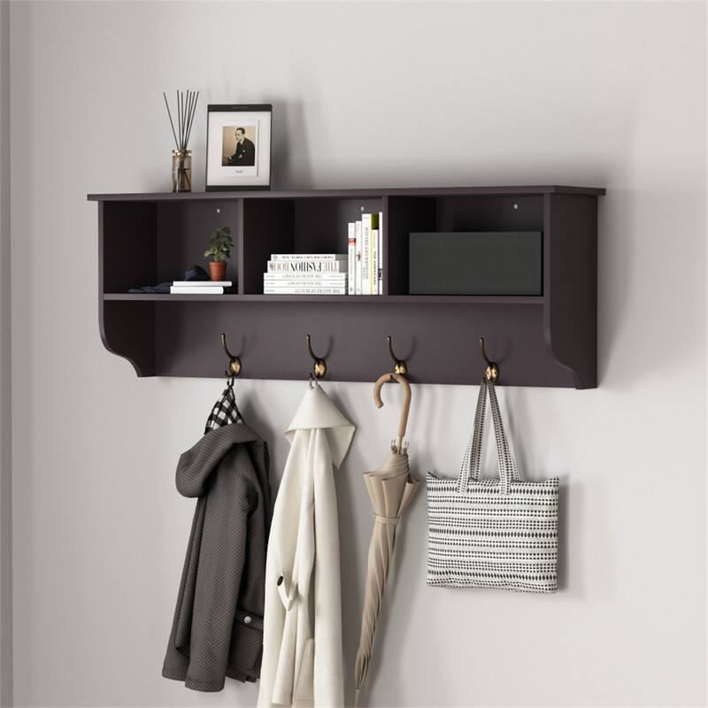 Left. ALEXOUN - Wall-Mounted Coat Rack with 4 Dual Hooks - MDF Entryway Shelf and Cubby Storage, 38" Wide, 55 lbs Capacity, 1pc - Espresso.