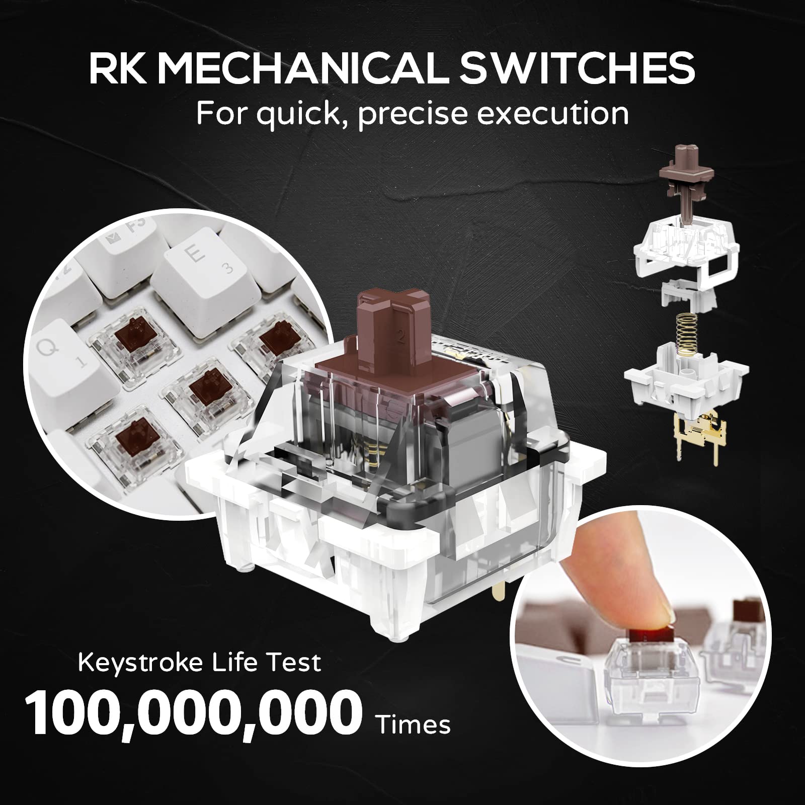 RK MECHANICAL SWITCHES  
For quick, precise execution  

Keystroke Life Test  
100,000,000 Times