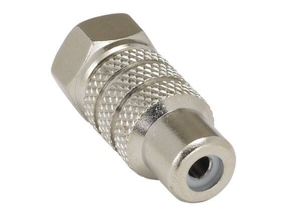 Angle. Cable Leader - F-Type Male to RCA Female Adapter, 75-Ohm, RF Coaxial, Fully Molded - Silver.