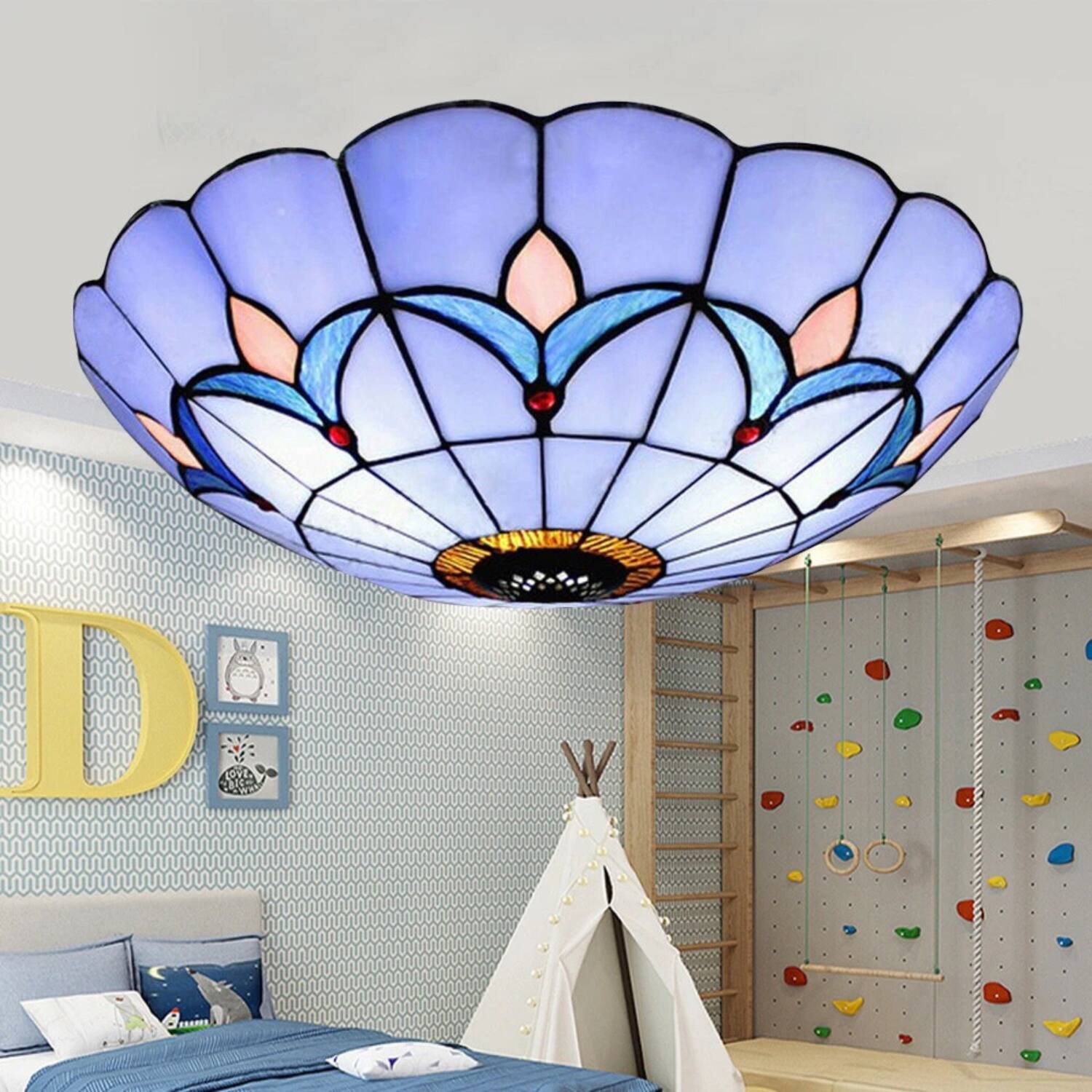 Angle. Stock Preferred - 12" Tiffany Stained Glass Flush Mount Ceiling Light LED Chandelier Fixture - Blue.