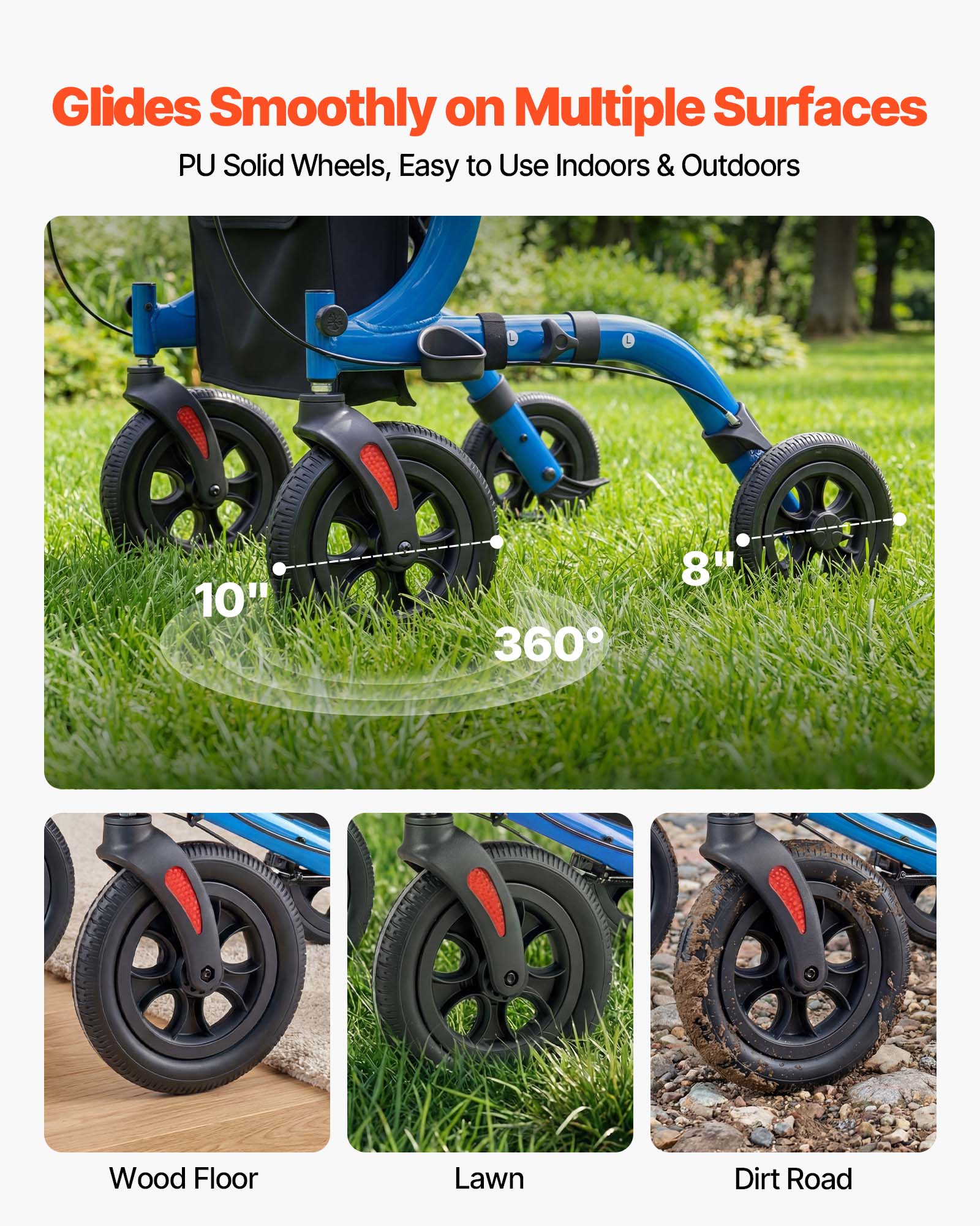 Glides Smoothly on Multiple Surfaces  
PU Solid Wheels, Easy to Use Indoors & Outdoors  

10" 360° 8"  

Wood Floor  
Lawn  
Dirt Road
