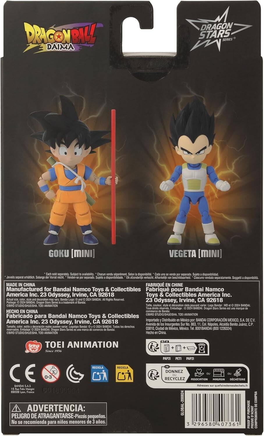 DRAGONBALL DAIMA DRAGON STARS SERIES GOKU [MINI] VEGETA [MINI]

Subject availability: Chacun vendu séparément. Selon disponibilité, separado. Sujeto disponibilidad. Jeweils separat erhältlich. Solange Vorrat reicht. Venden-se separado. Sujeito disponibilidade atzonderlijk verkocht. Afhankelijk beschikbaarheid. Clascuno venduto separatamente. Soggeti disponibilit

MADE IN CHINA

Manufactured for Bandai Namco Toys & Collectibles
Fabriqué pour Bandai Namco America Inc. 23 Odyssey, Irvine, CA 92618

Package: BANDAI Dragon trademark BANDAI CBIRD STUDIO/SHUEISHA ANIMATION

Importado Distribuido México BANDAI CORPORACIÓN MEXICO, S.A. DE C.V.