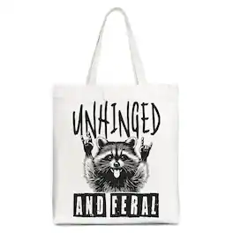 OrnamentallyYou - Unhinged and Feral Raccoon Canvas Tote Bag, Funny Rock Hands Gift Shopper for Wild People - White