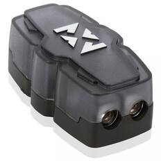 Front. NVX - XFDBU2 2 Position Fused/Power Distribution Block with One 0/1 Gauge Input and Two 4/8 Gauge Outputs.