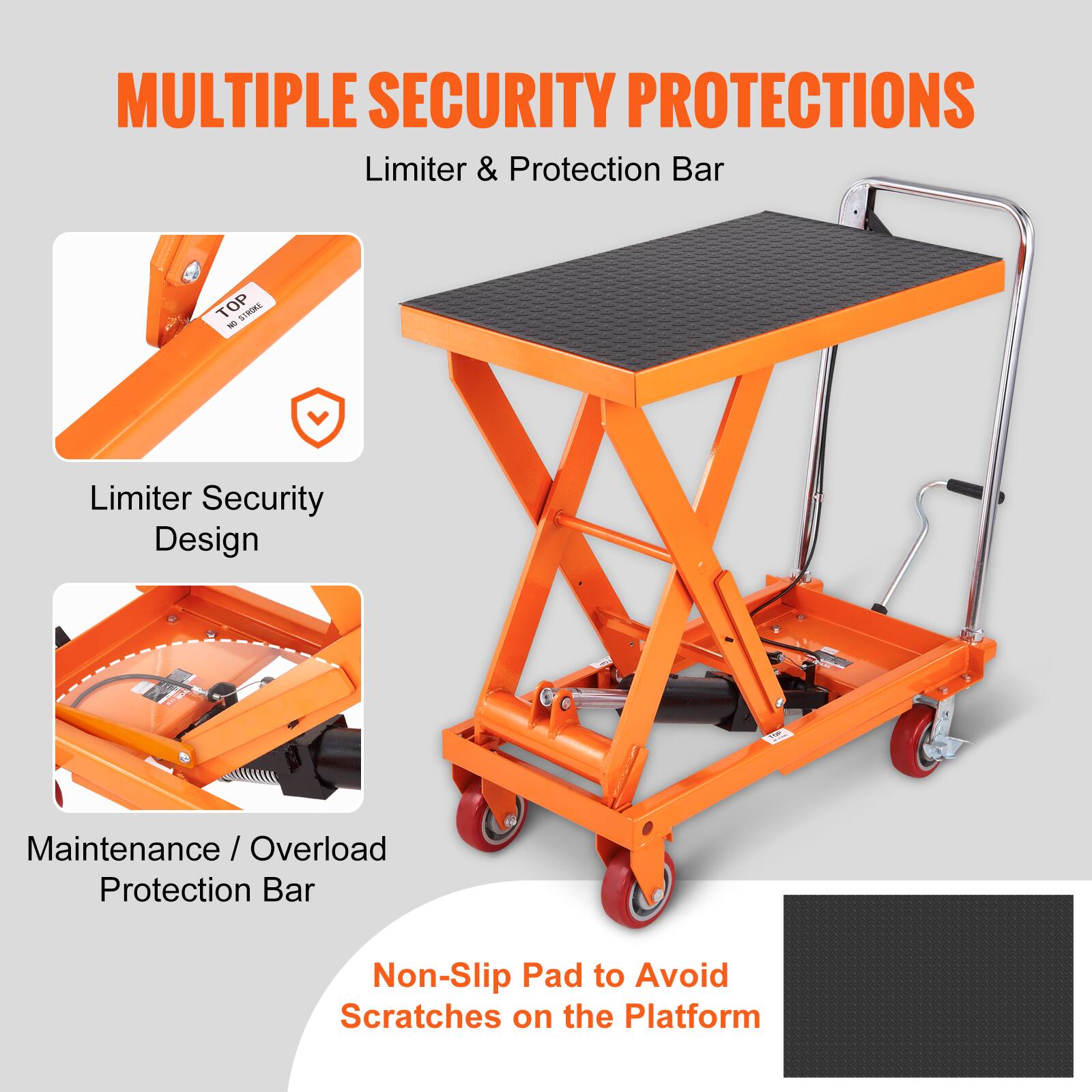 MULTIPLE SECURITY PROTECTIONS

Limiter & Protection Bar

- Limiter Security Design
- Maintenance / Overload Protection Bar
- Non-Slip Pad to Avoid Scratches on the Platform